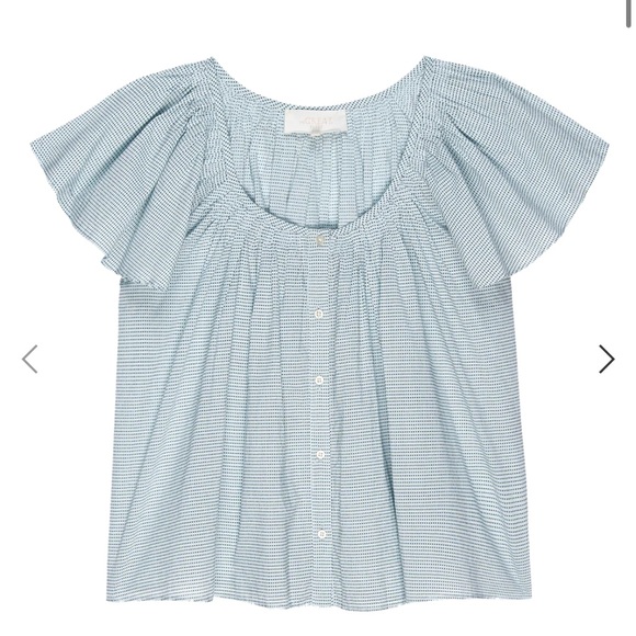 THE GREAT. Tops - THE GREAT. Light Blue Striped Flutter Sleeve Blouse